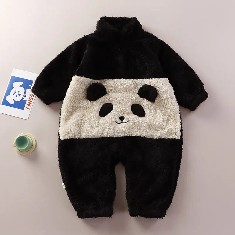 Adorable Frosty Panda romper for baby boys and girls, featuring a cute panda design, from Ju Ju Jam.