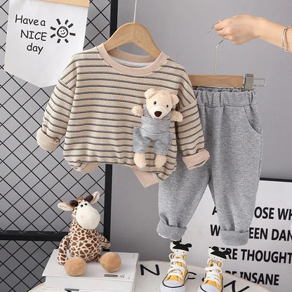 Striped Cozy Boys Set with 3D Teddy Bear