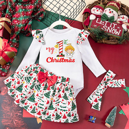 My 1st Christmas baby girls romper set, a festive and cozy holiday outfit by Ju Ju Jam.