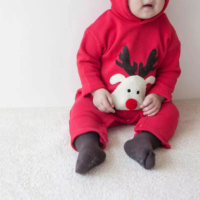 Festive baby romper with a cute 3D Reindeer design, unisex holiday wear by Ju Ju Jam.