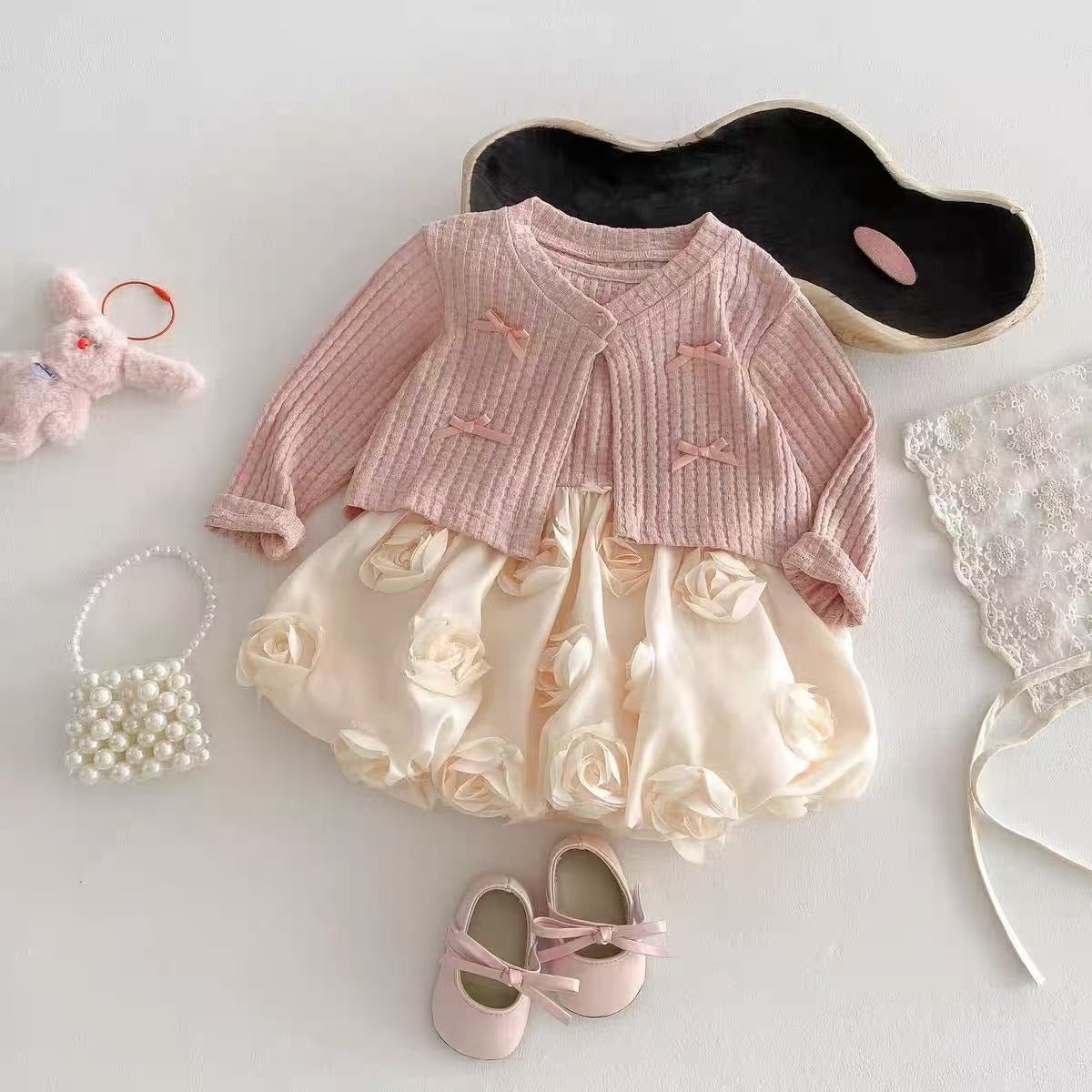 Layered-look baby girl romper dress with soft cardigan – Ju Ju Jam Iris Love

