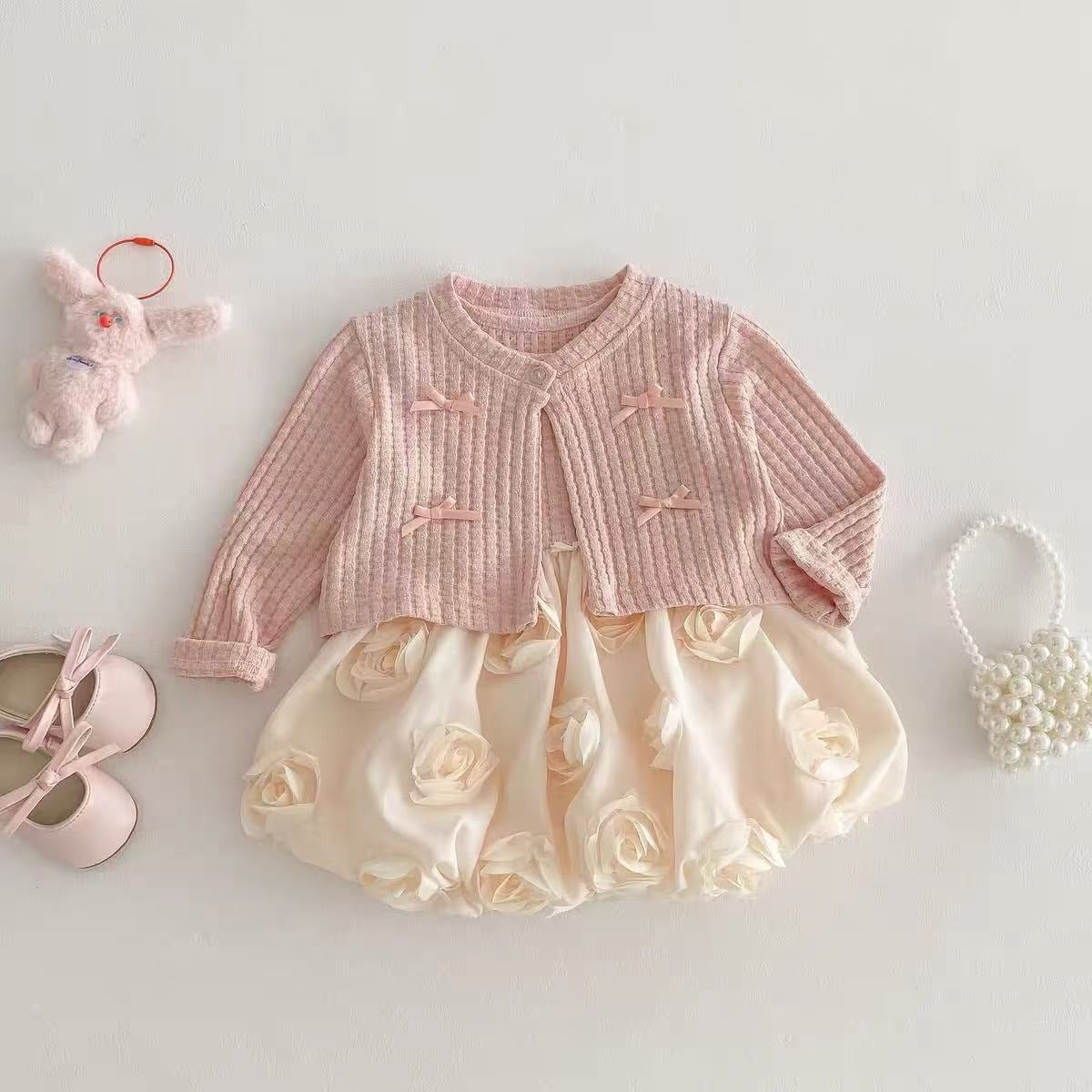 Baby girl in Iris Love romper dress with cozy cardigan – Ju Ju Jam

