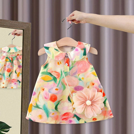 Colourful Floral Girls Dress With Sling Bag