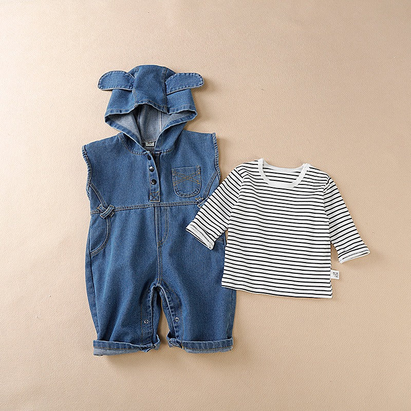 Ju Ju Jam baby jumpsuit set with hood in blue denim fabric

