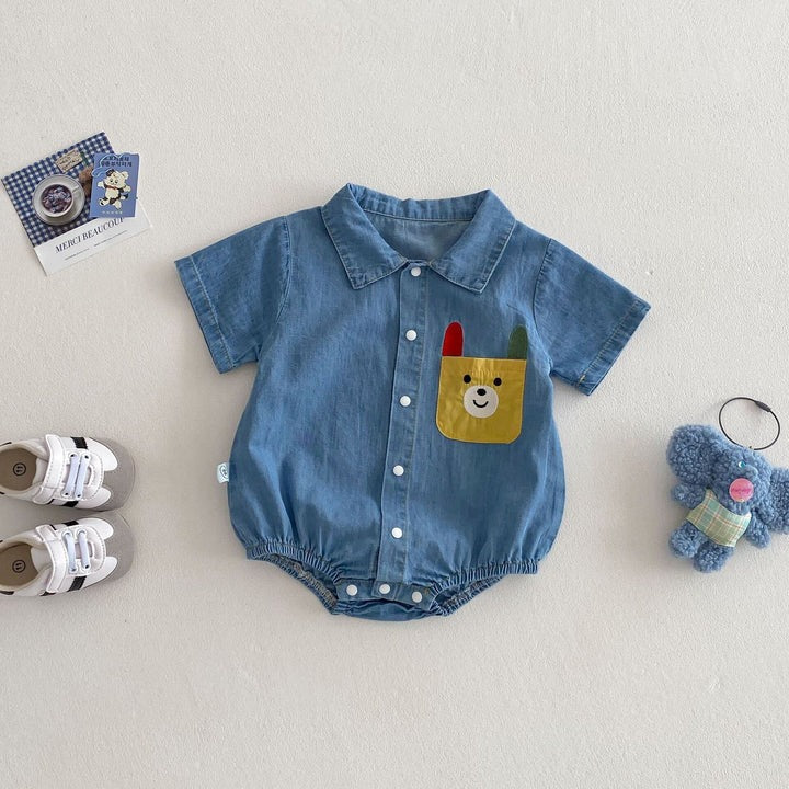 Baby in Lil' Denim Romper by Ju Ju Jam – stylish denim baby romper for everyday wear

