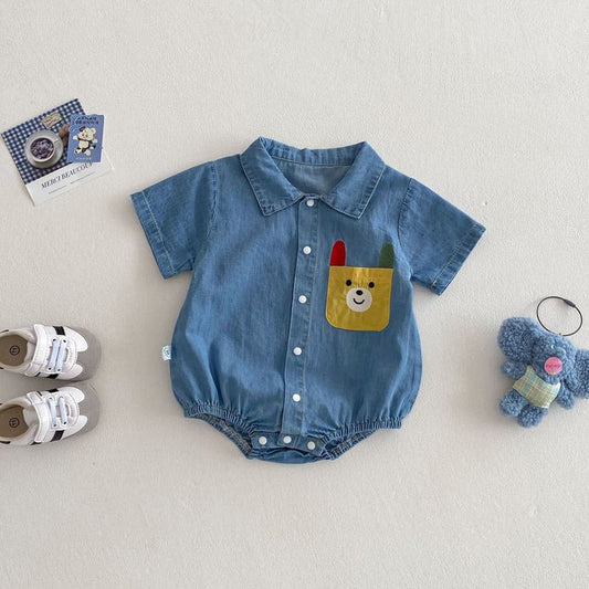 Baby in Lil' Denim Romper by Ju Ju Jam – stylish denim baby romper for everyday wear

