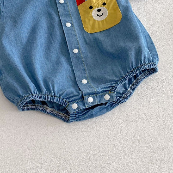 Close-up of Lil' Denim Romper – durable stitching and pocket accents

