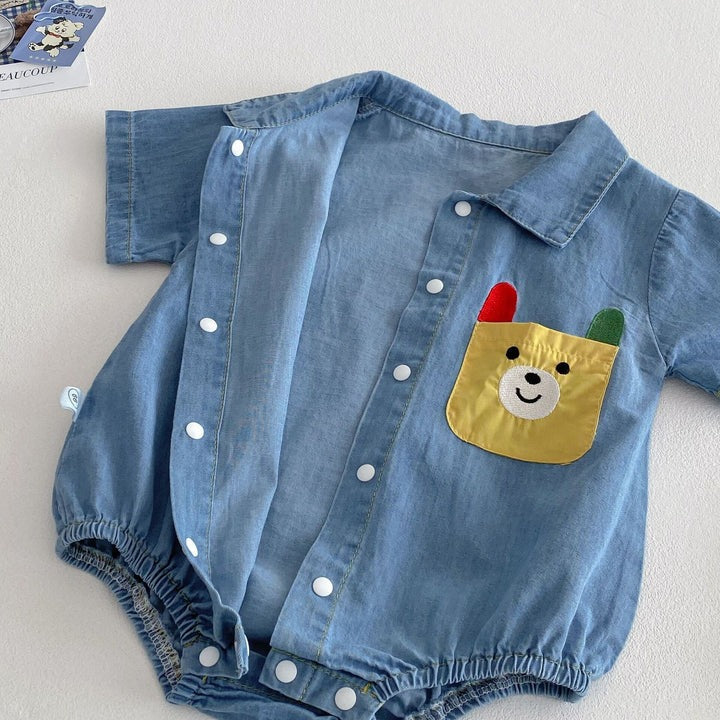 Ju Ju Jam Lil' Denim Romper featuring soft denim fabric and casual design

