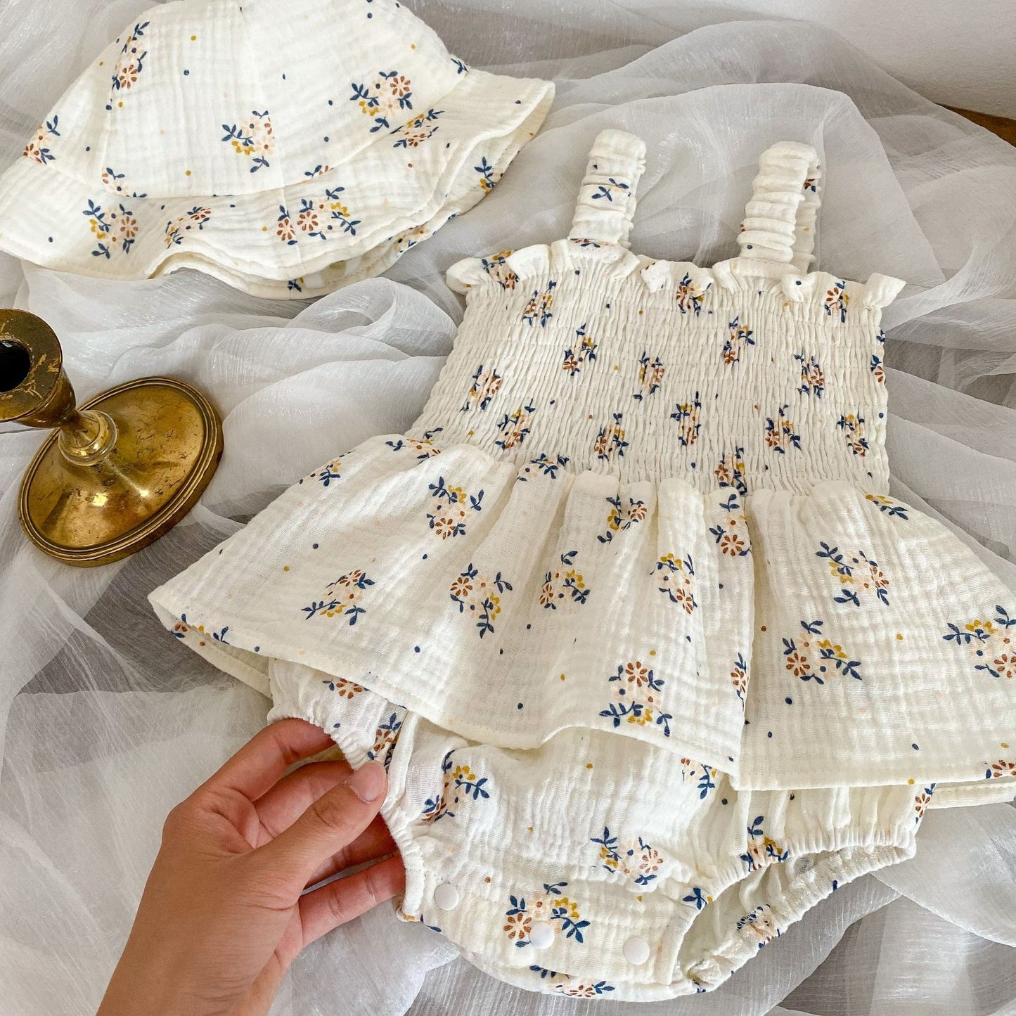 Lily Elegant Girls Romper Dress with Hat by Ju Ju Jam – stylish baby outfit with cute bow accents and sun hat for toddlers.

