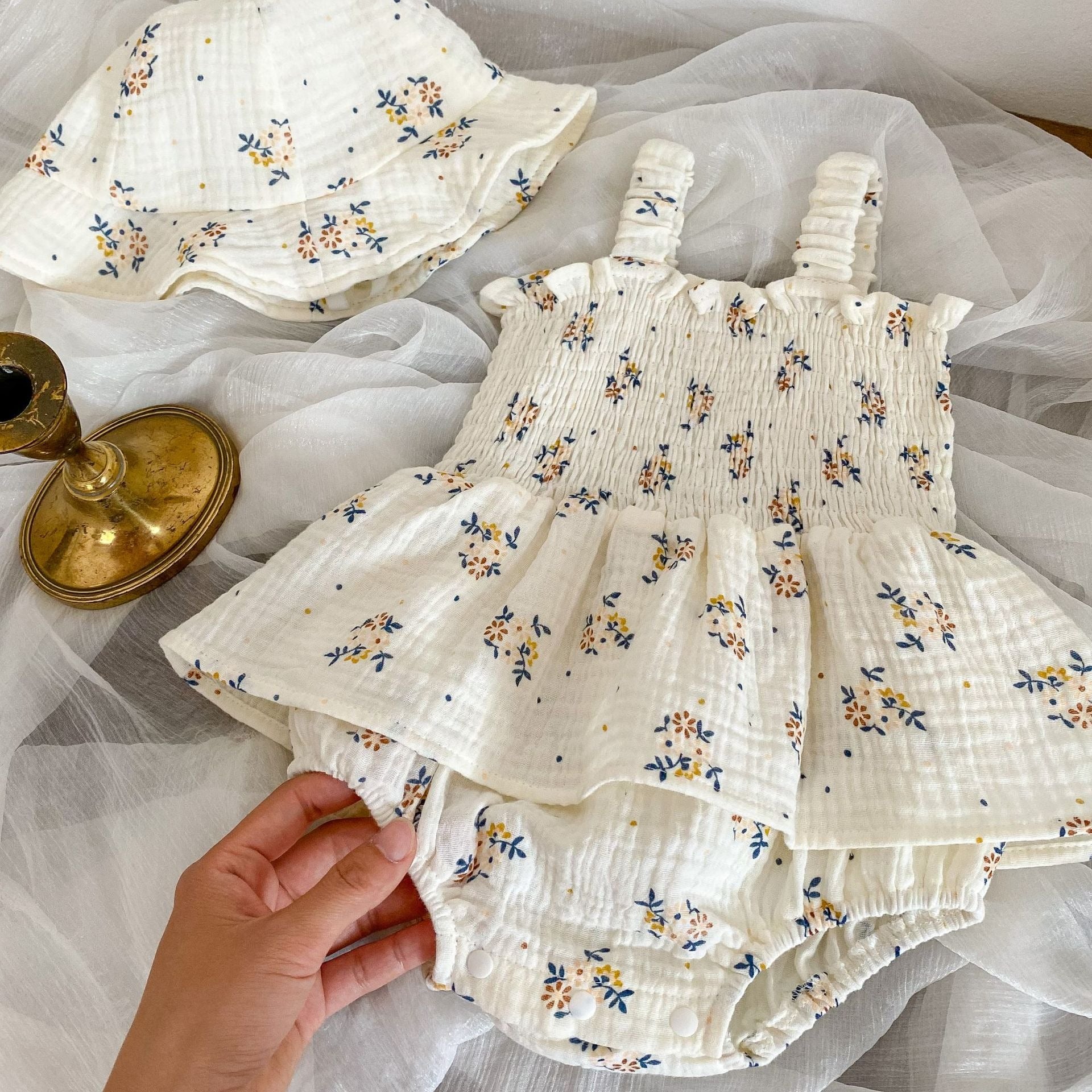 Lily Elegant Girls Romper Dress with Hat by Ju Ju Jam – stylish baby outfit with cute bow accents and sun hat for toddlers.

