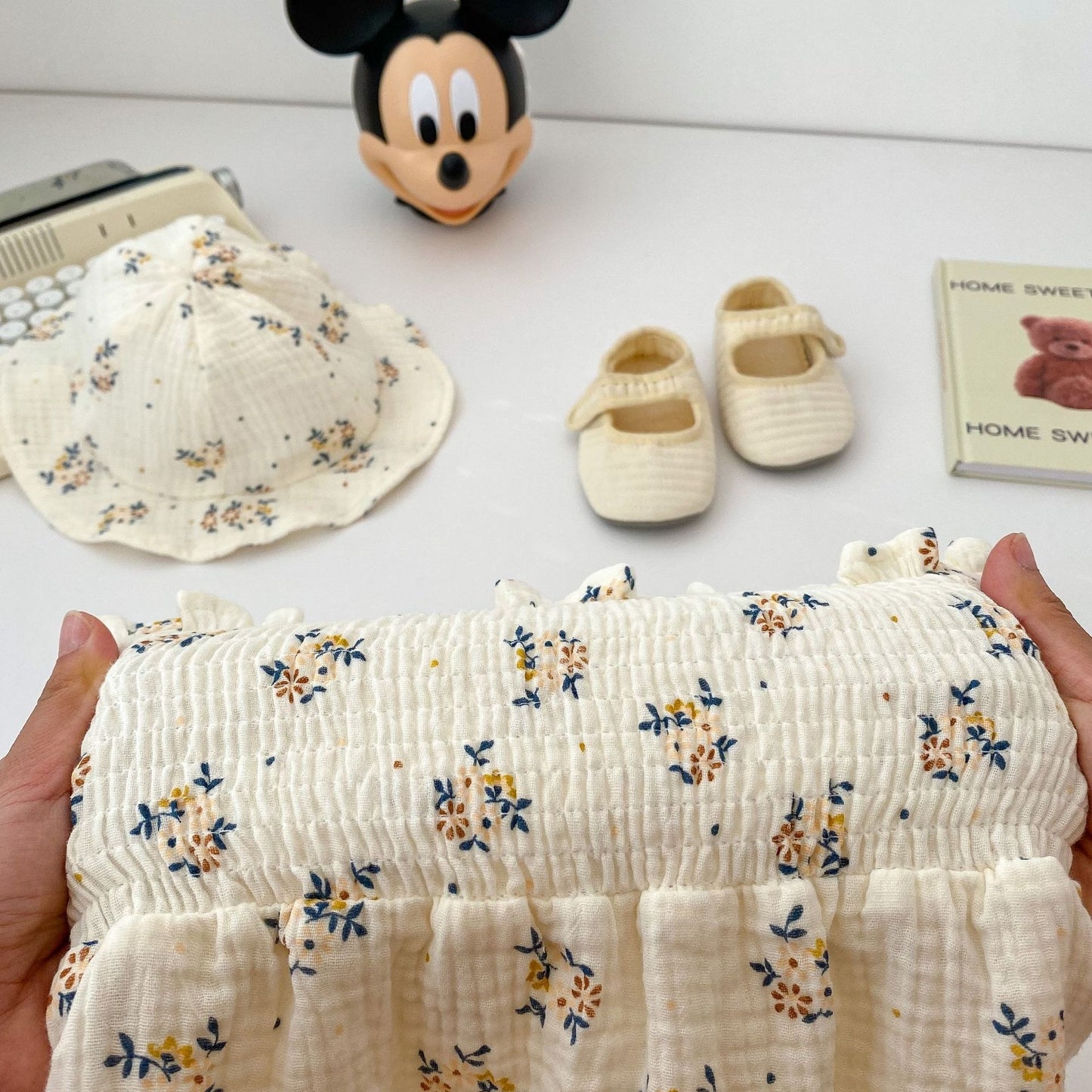 Elegant baby romper dress with matching hat – Lily design from Ju Ju Jam for girls aged 0-3 years.

