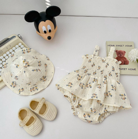 Lily Romper Dress and Hat Set – cute and elegant baby girl outfit by Ju Ju Jam with breathable fabric and floral touches.

