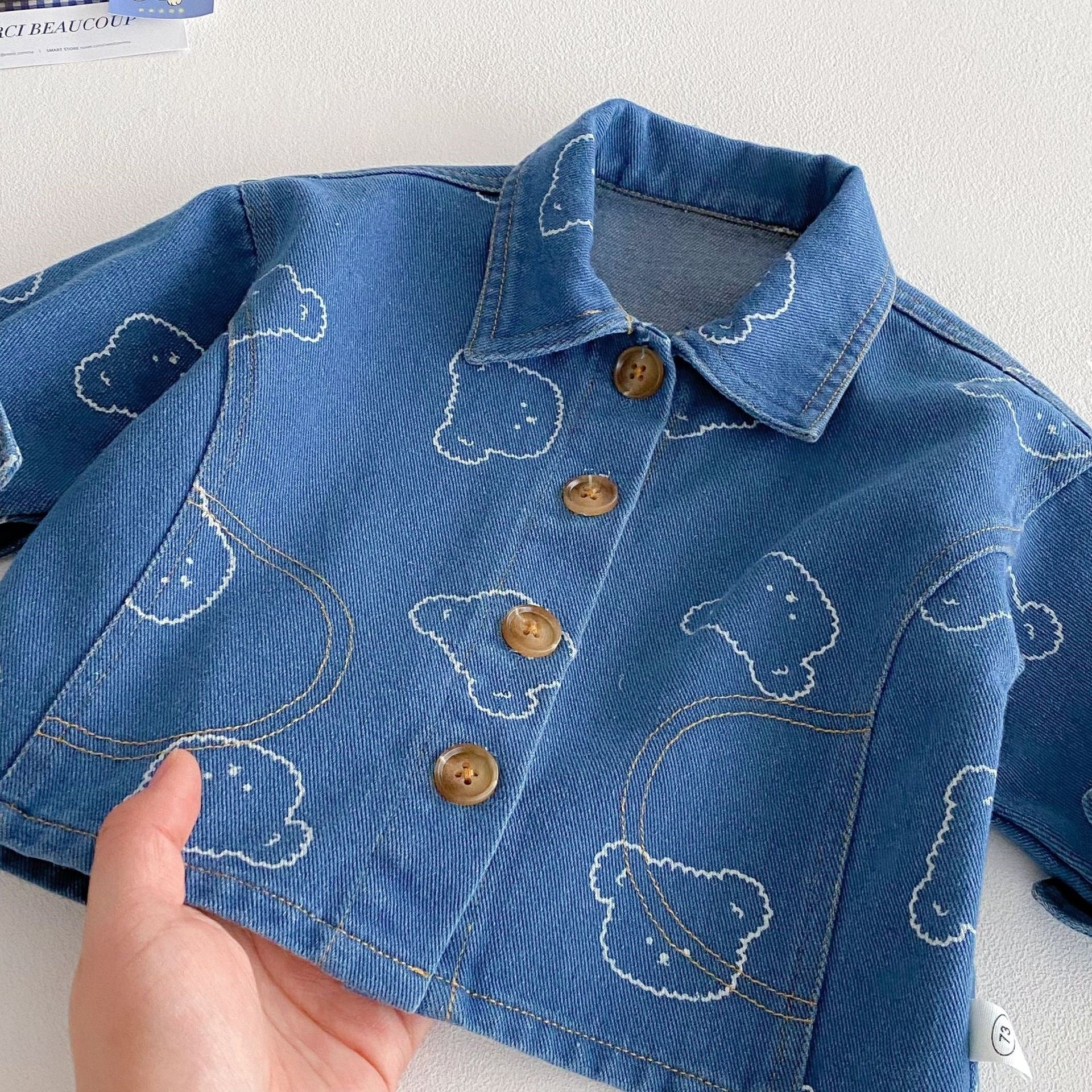 Little boy wearing denim shirt and pants set – Ju Ju Jam party outfit

