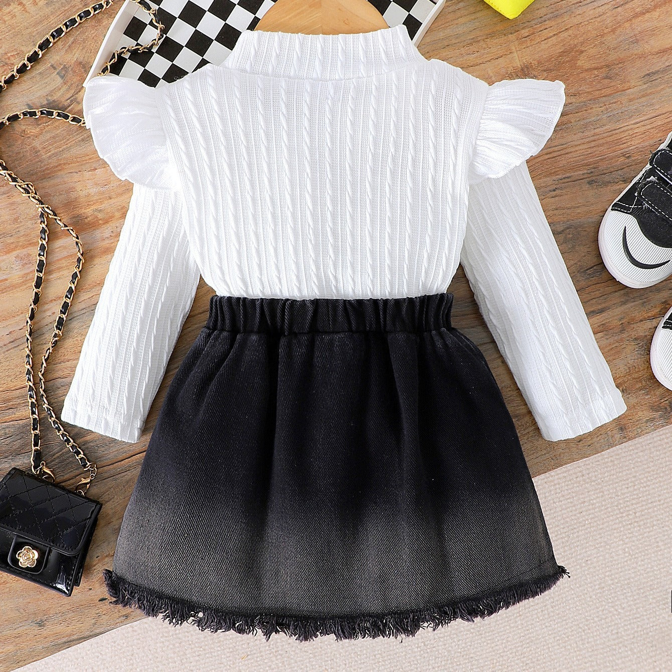Girls denim outfit set – Little Diva top and skirt combo by Ju Ju Jam.

