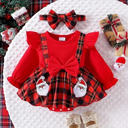 Little Santa baby girls romper dress with hairband – festive Christmas outfit by Ju Ju Jam