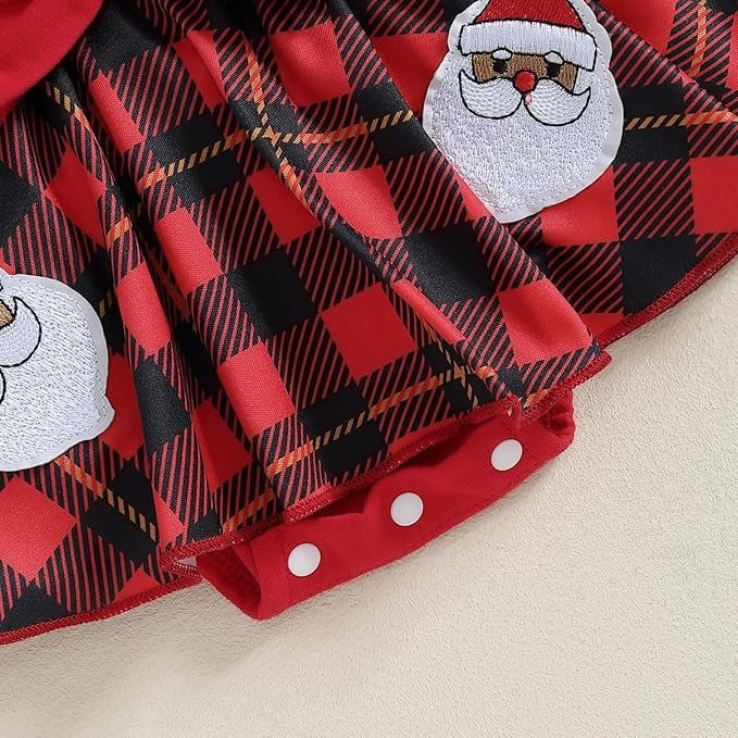 Cute red romper dress with Santa theme and hairband – holiday babywear by Ju Ju Jam