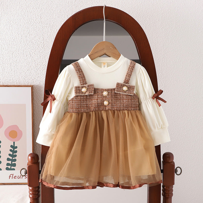 Long Sleeves Suspender Girls Frill Dress - Adorable dress with long sleeves, suspenders, and frill details for baby girls, perfect for special occasions, available at Ju Ju Jam.