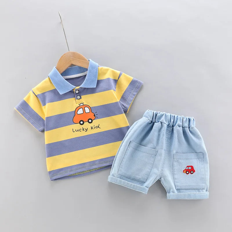 Boys' striped outfit from Ju Ju Jam with 'Lucky Kid' design, including a striped shirt and coordinating pants.