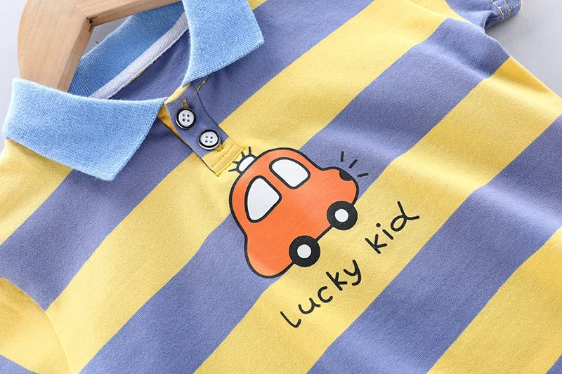 Striped shirt and pants set for boys from Ju Ju Jam, featuring a 'Lucky Kid' design for a trendy look.