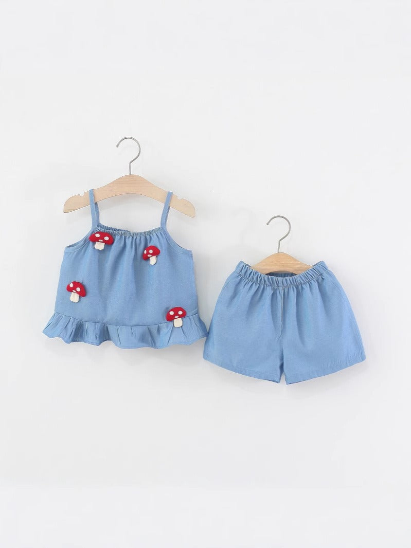 Ju Ju Jam baby girl outfit featuring blue mushroom print – Luna set

