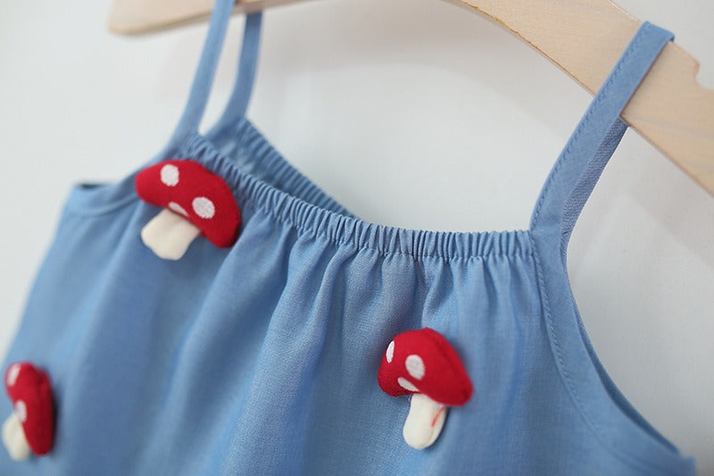 Cute blue baby outfit with whimsical mushroom design – Ju Ju Jam for girls

