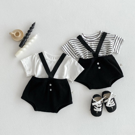 Mini Classic Suspender boys romper set – vintage-style baby outfit with attached suspenders by Ju Ju Jam.

