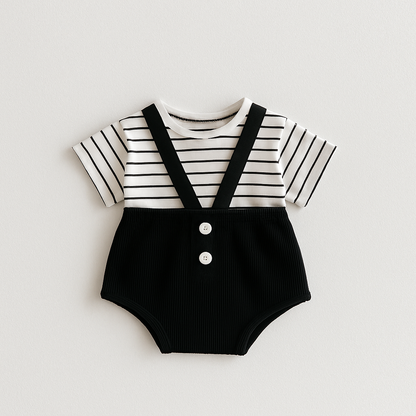Baby boys romper with built-in suspenders – Mini Classic design by Ju Ju Jam for elegant babywear.

