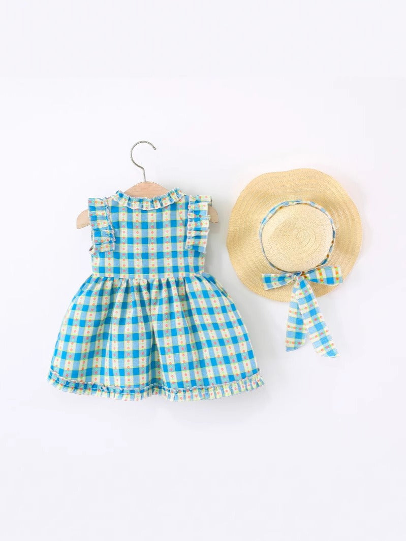 Ju Ju Jam baby girl dress in blue checkered pattern with sun hat – Mira set

