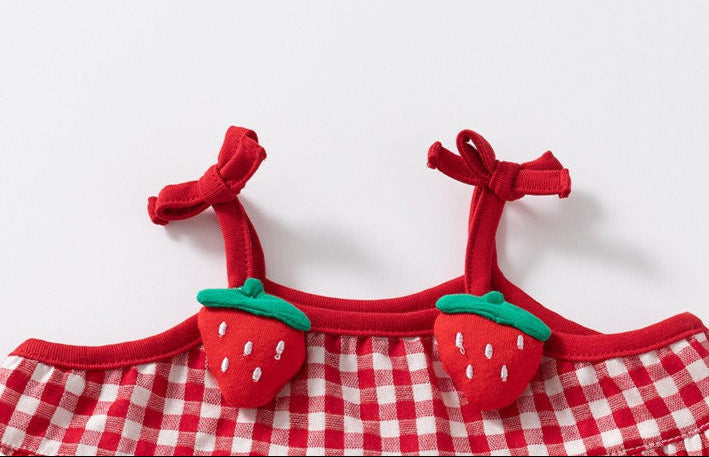 Ju Ju Jam baby girl dress with red and white checkered pattern and strawberry accents

