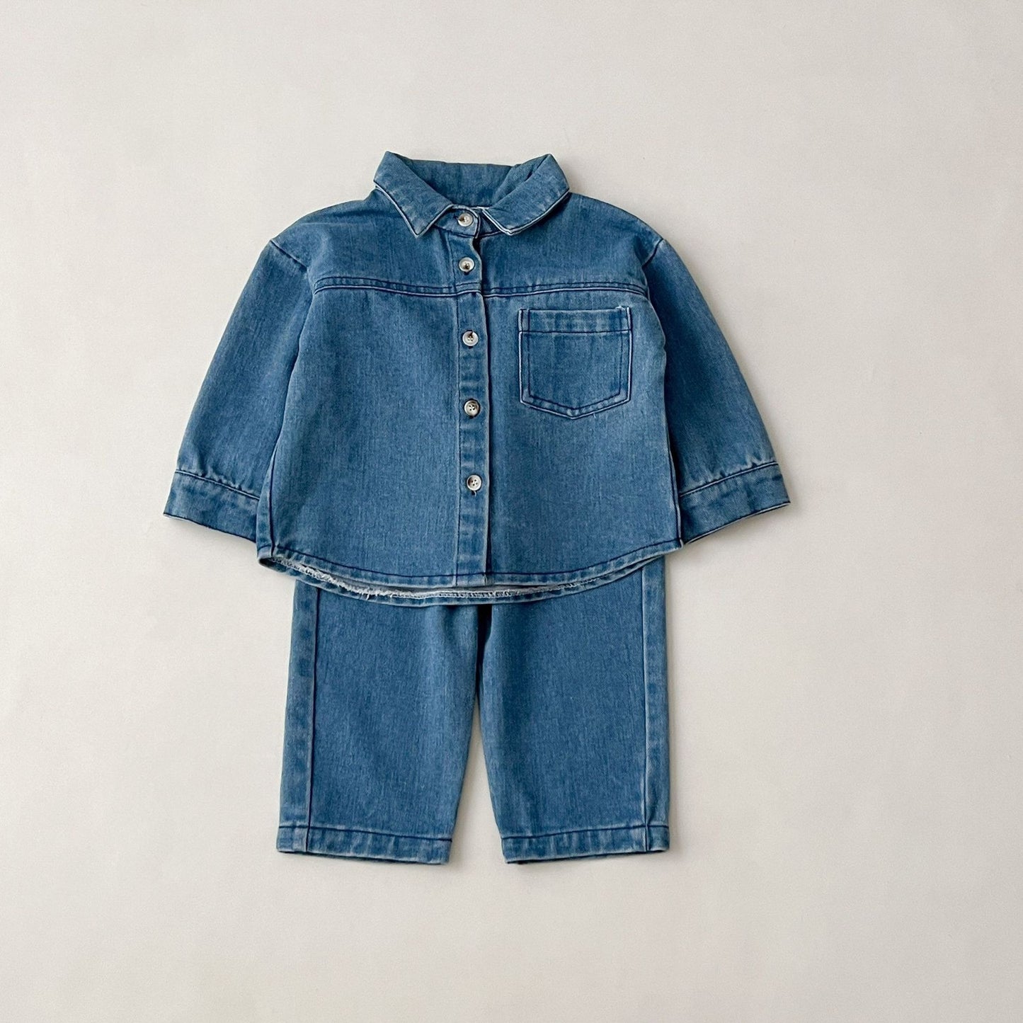 Stylish denim duo for toddlers – Ju Ju Jam’s coordinated shirt and pant set for boys and girls.
