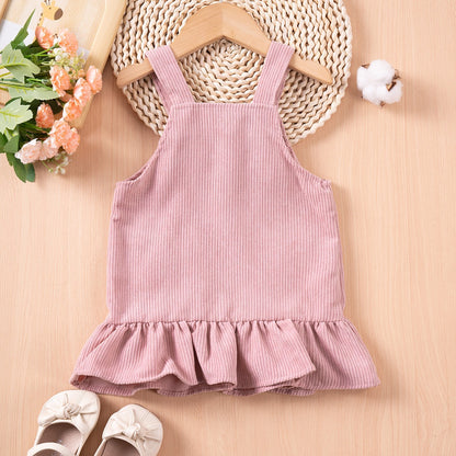 Flower Pocket Corduroy Girls Suspender Dress