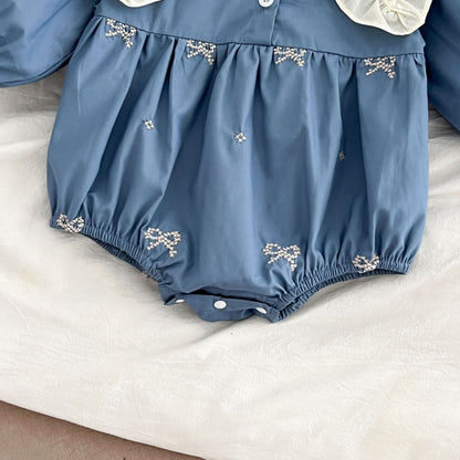 Aesthetic ice blue romper with elastic waist and sleeves for baby girls – Ju Ju Jam.

