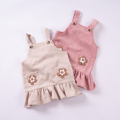 Flower Pocket Corduroy Girls Suspender Dress