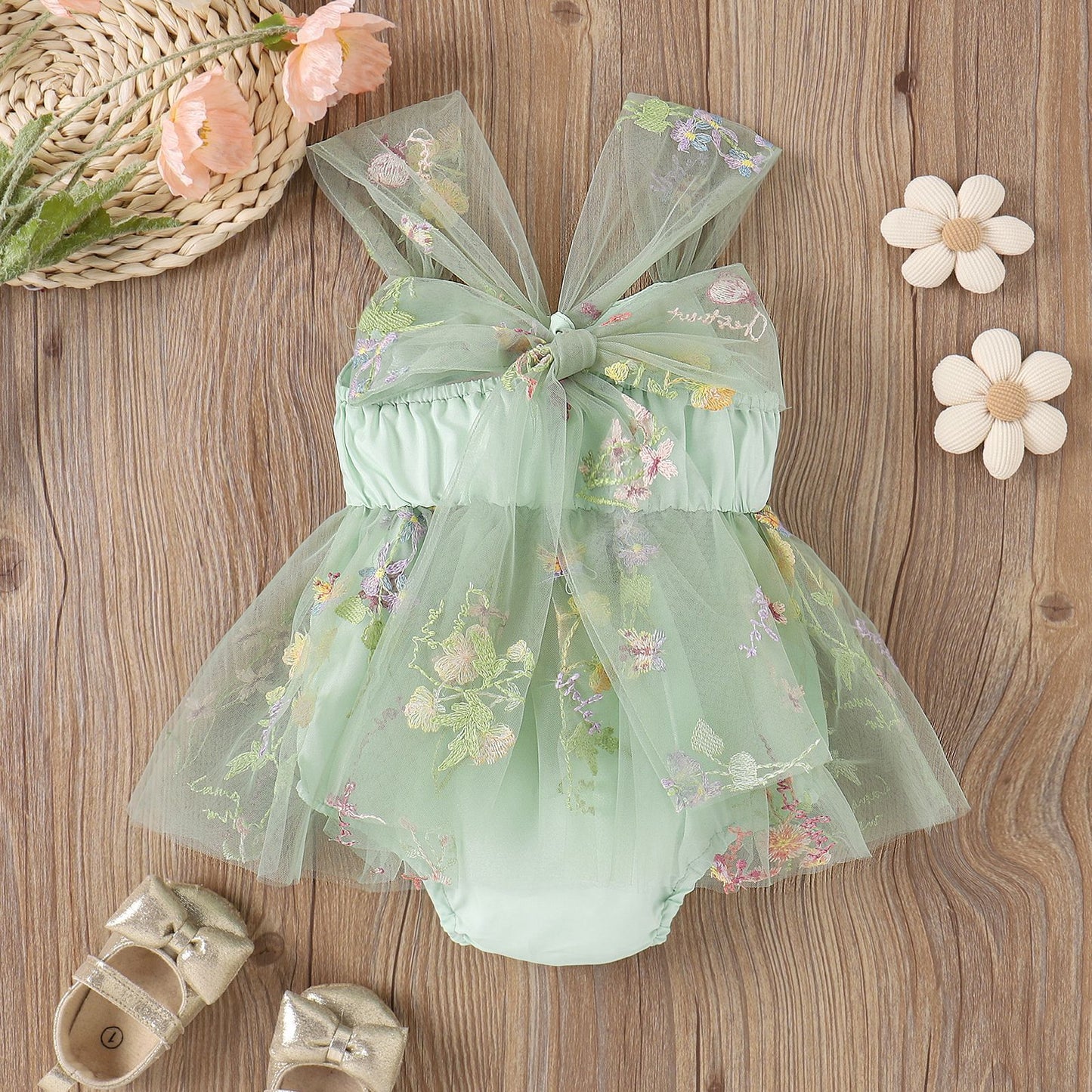 Flower Embroidered Girls Romper Dress