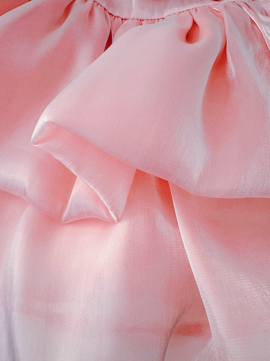 Detailed shot of tulip appliqués and layered fabric – premium baby dress by Ju Ju Jam

