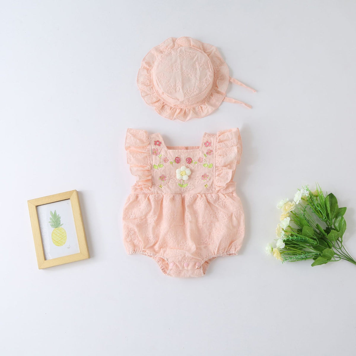 Mild Flower Baby Girls Romper with Hat
