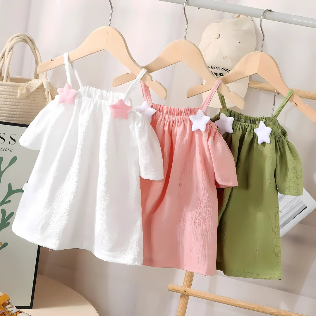 Ju Ju Jam baby girl dress – off-shoulder design with 3D star embellishments

