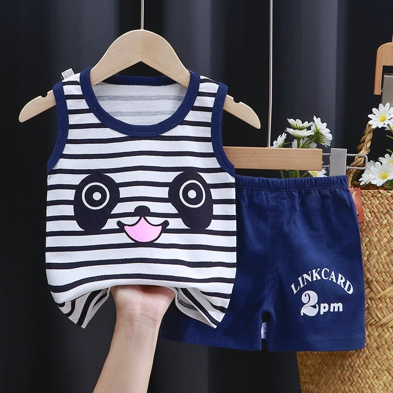 Panda Striped Boys Clothing Set - Stylish outfit featuring a playful panda graphic and striped design, perfect for casual wear and summer fun, available at Ju Ju Jam.