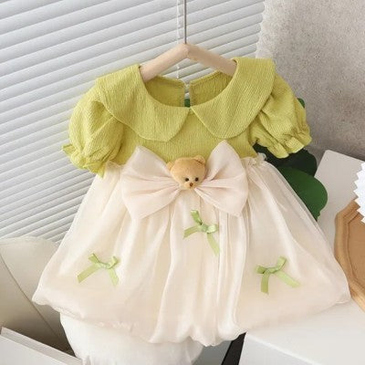 Patterned Princess Teddy Bow girls dress by Ju Ju Jam