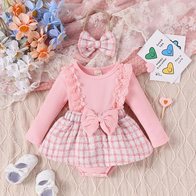 Baby girl wearing pink checkered romper dress set with hairband – Ju Ju Jam

