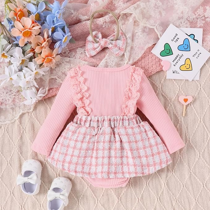 Ju Ju Jam baby girl outfit with pink checkered dress and matching hairband


