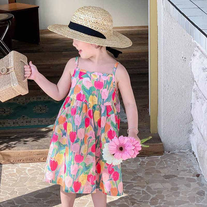 Baby girls' Pink Floral Vacation Dress - Delightful dress with a cheerful pink floral design, perfect for adding a touch of fun to any holiday, available at Ju Ju Jam.