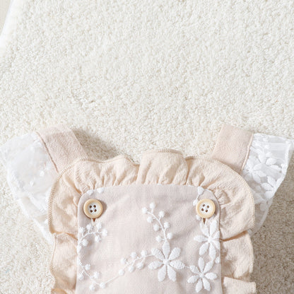 Infant girl wearing Pixie Embroidered Romper – elegant partywear designed by Ju Ju Jam for toddlers and babies.

