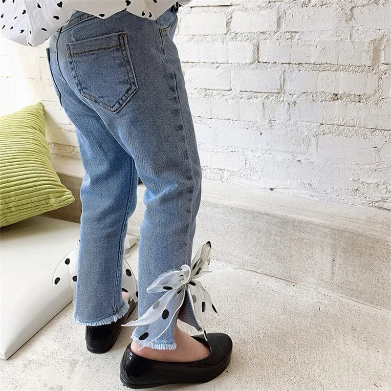 Ju Ju Jam fashionable denim pants for girls with dotted bow design

