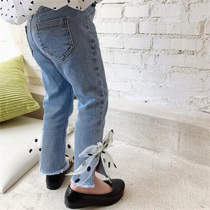 Ju Ju Jam fashionable denim pants for girls with dotted bow design

