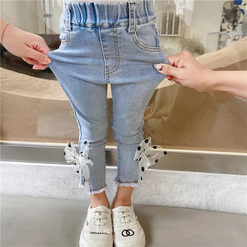 Adorable baby girls blue jeans with polka dot bow – Ju Ju Jam

