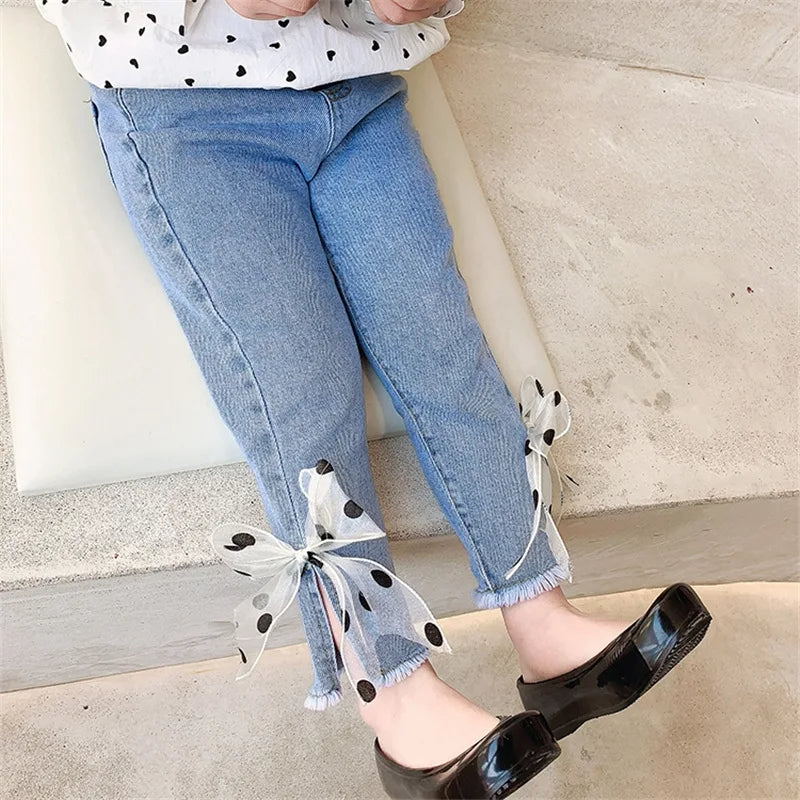 Ju Ju Jam girls blue denim jeans with cute polka dot bow

