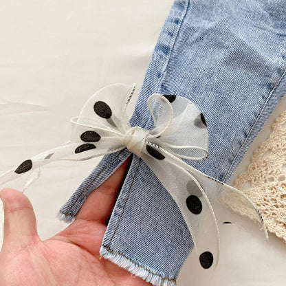 Ju Ju Jam trendy girls jeans with bow accent and dot pattern


