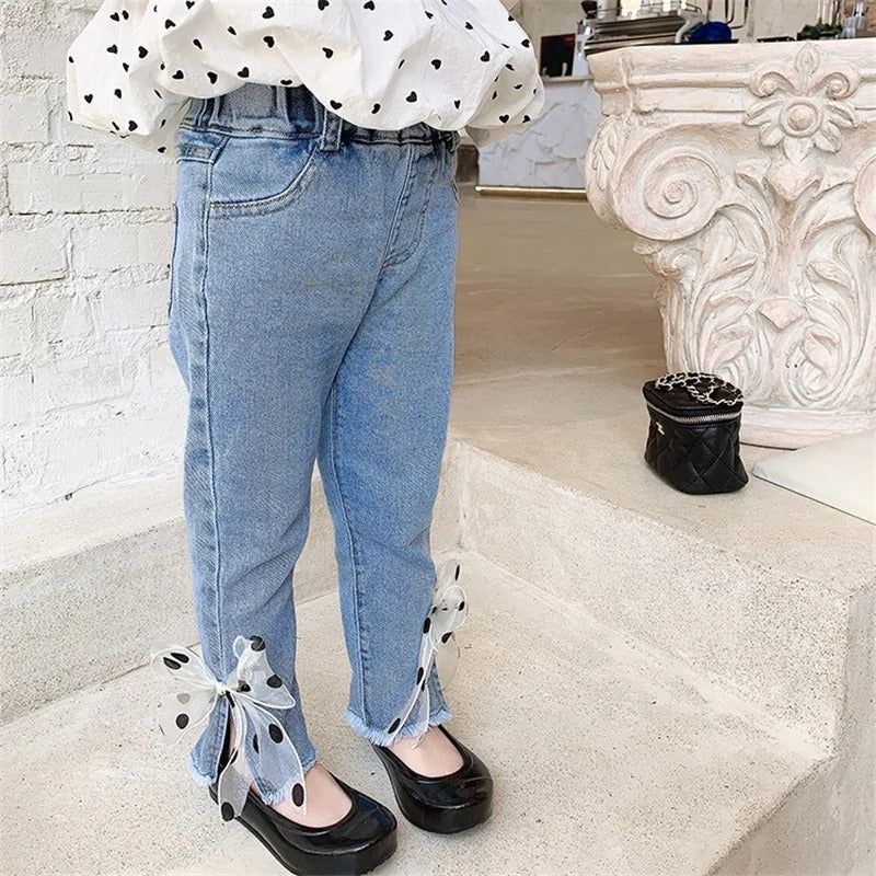 Chic denim jeans for girls with polka dotted bow – Ju Ju Jam fashion

