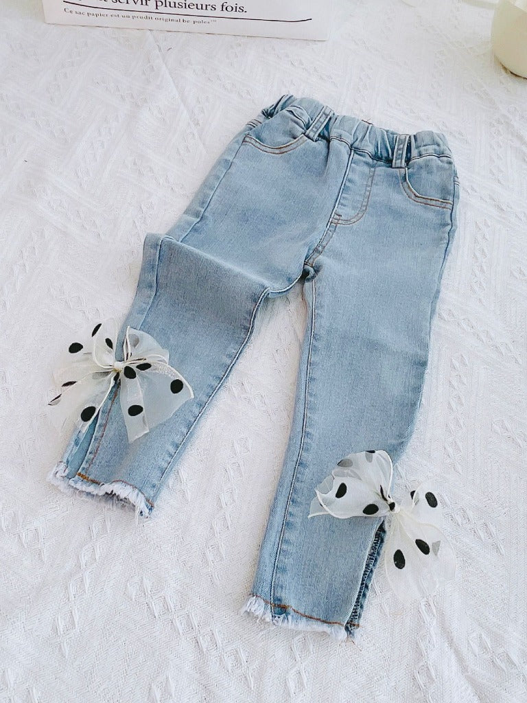Girls denim jeans with side bow and polka dot print – Ju Ju Jam

